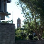 forground: art gallery; midground: laman street, civic park; background: city hall clock tower.